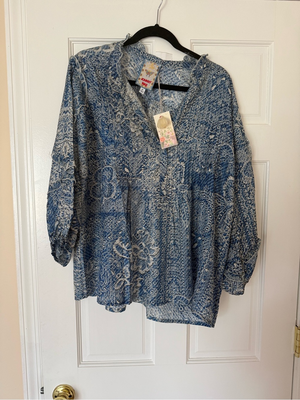 Johnny Was Blue Paisley Split V-Neck Blouse